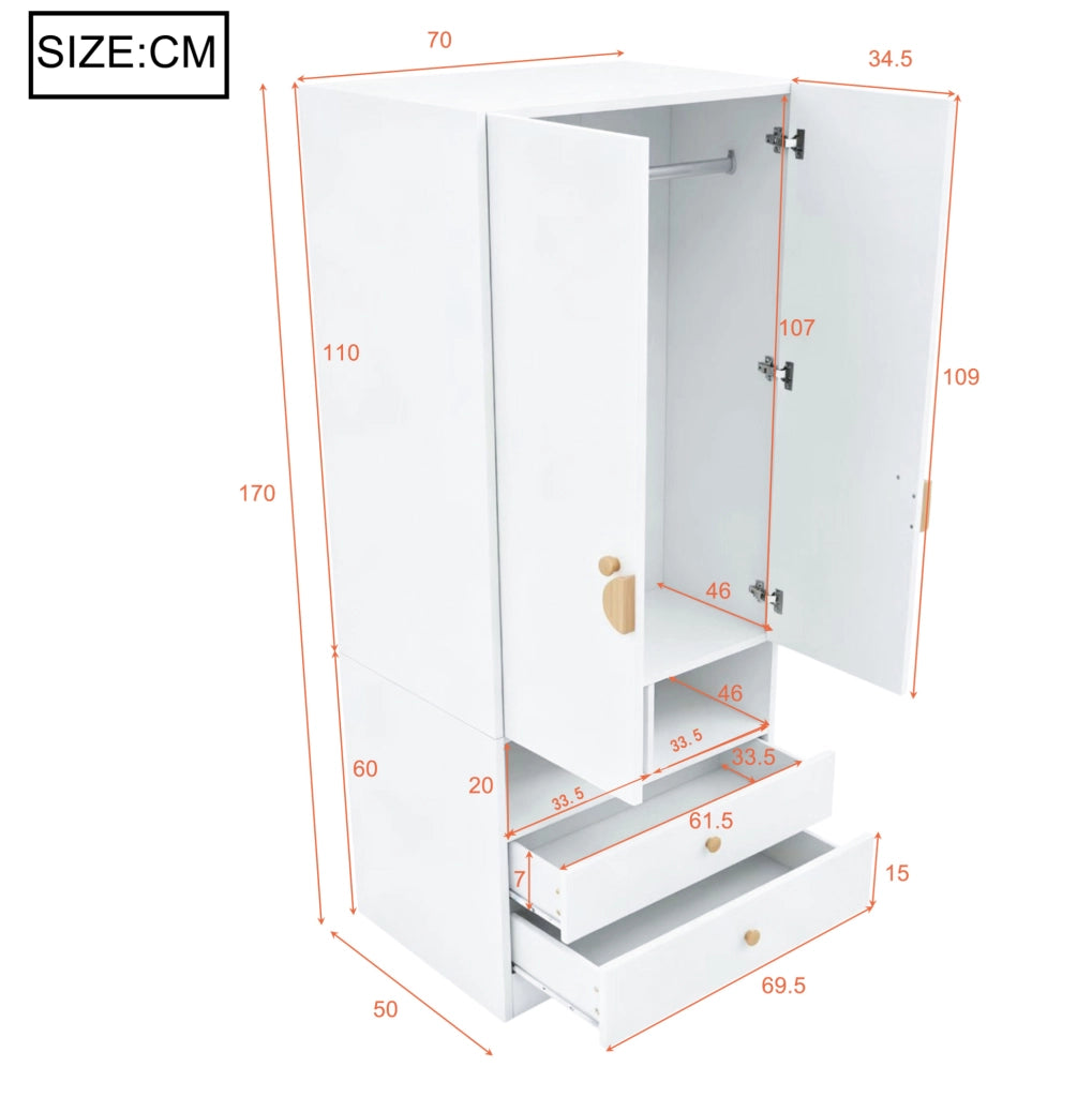 Armadio guardaroba 70x50x170 cm con 2 ante, 2 cassetti e vani in compensato e MDF bianco