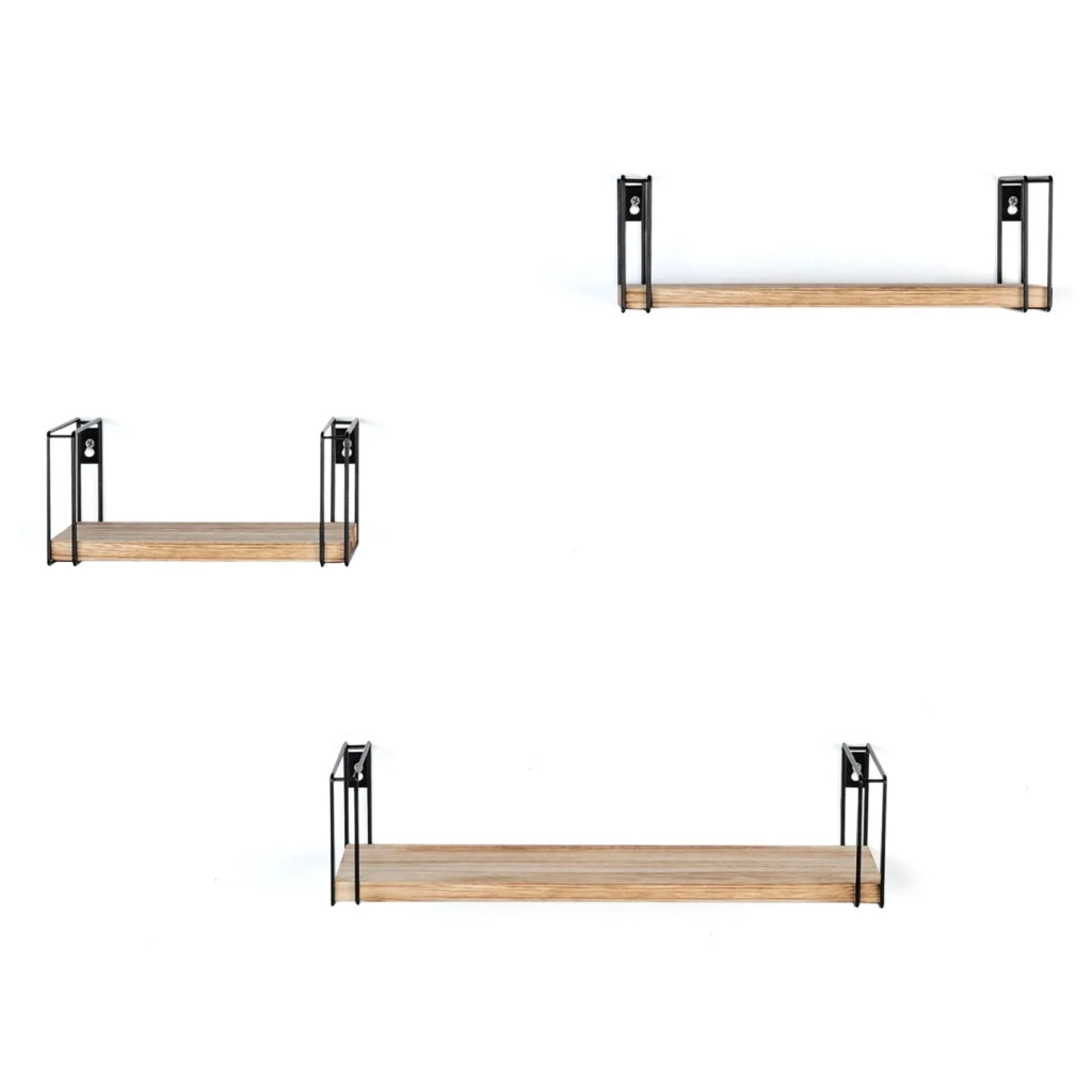 IDMarket - Set di 3 mensole da parete LILY, legno e metallo, design industriale