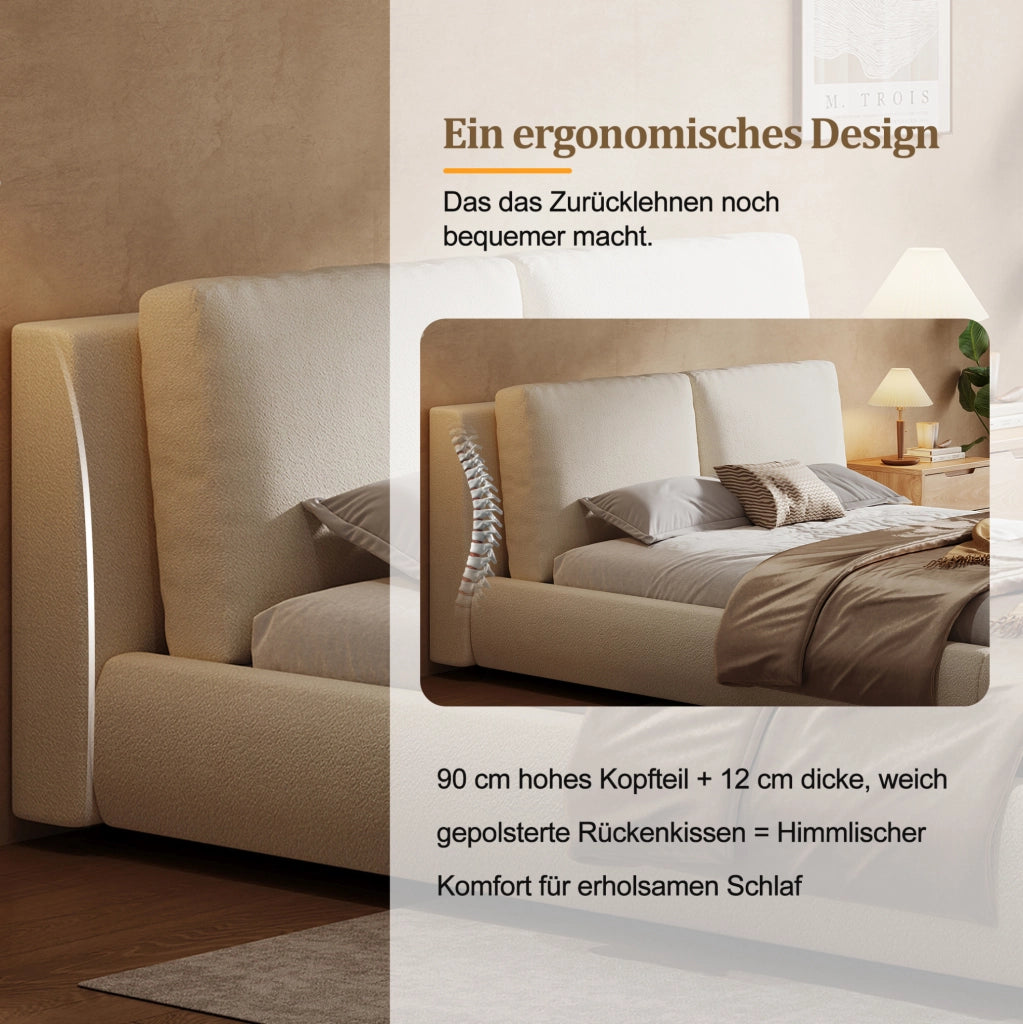 Letto matrimoniale imbottito beige in bouclé con vano contenitore