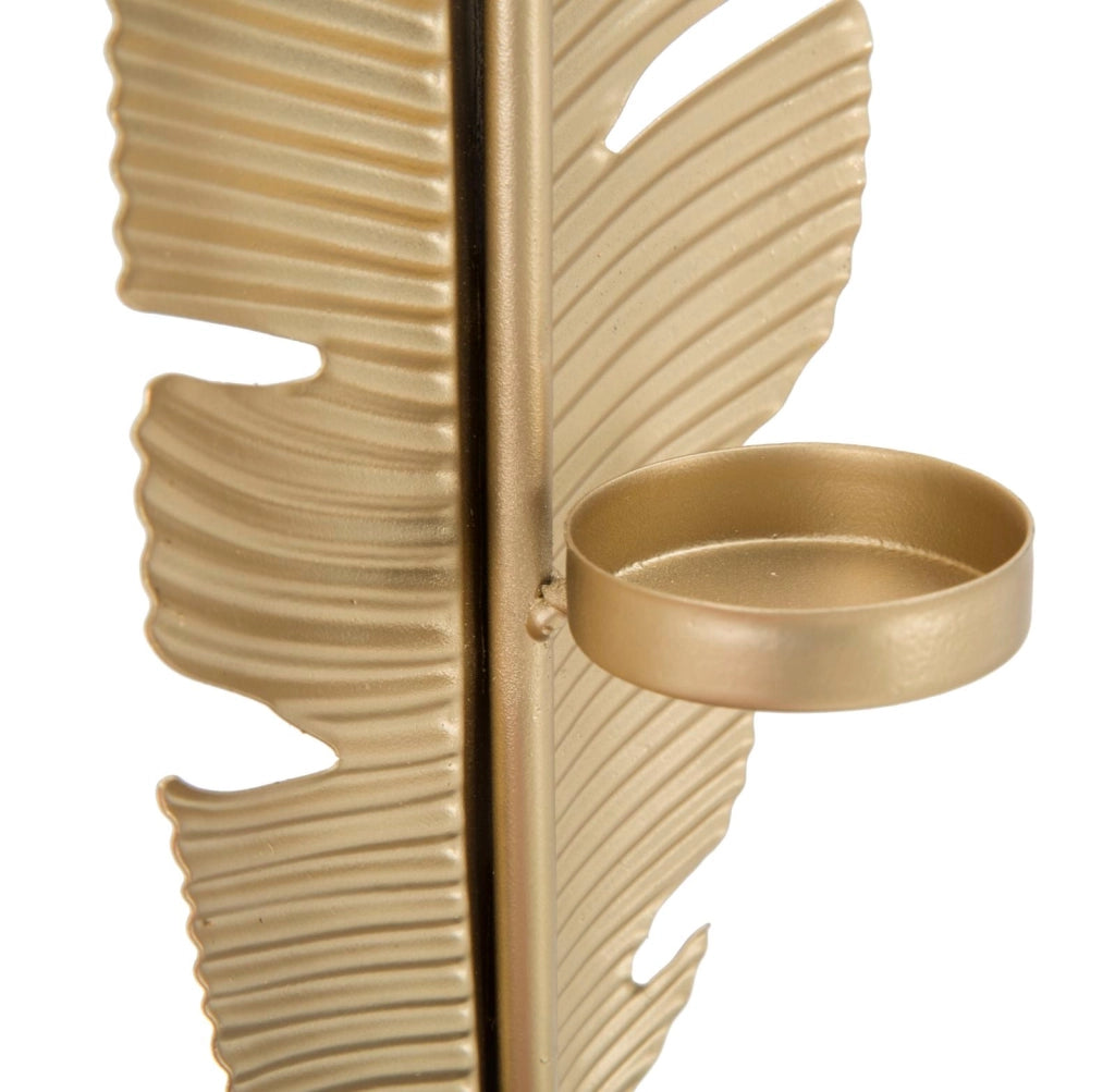 Scultura Foglia con Portacandele Glam 10x10x34 cm in Ferro Oro e Nero
