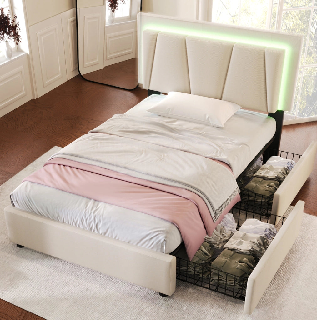 Letto singolo 90x200 cm beige con LED e 2 cassetti