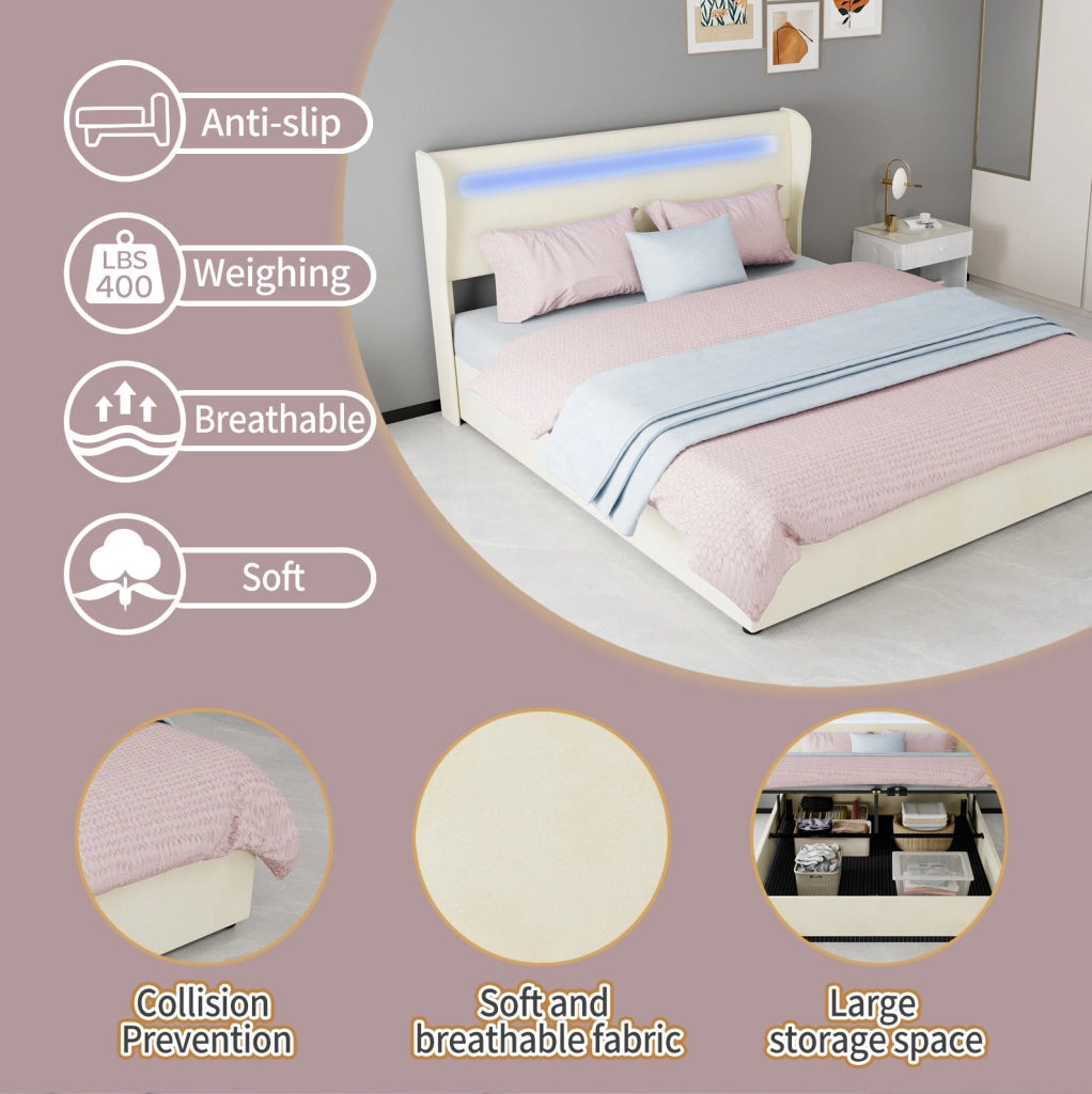 Letto imbottito ULEVR 160x200 cm con testiera regolabile e illuminazione LED multicolore, beige