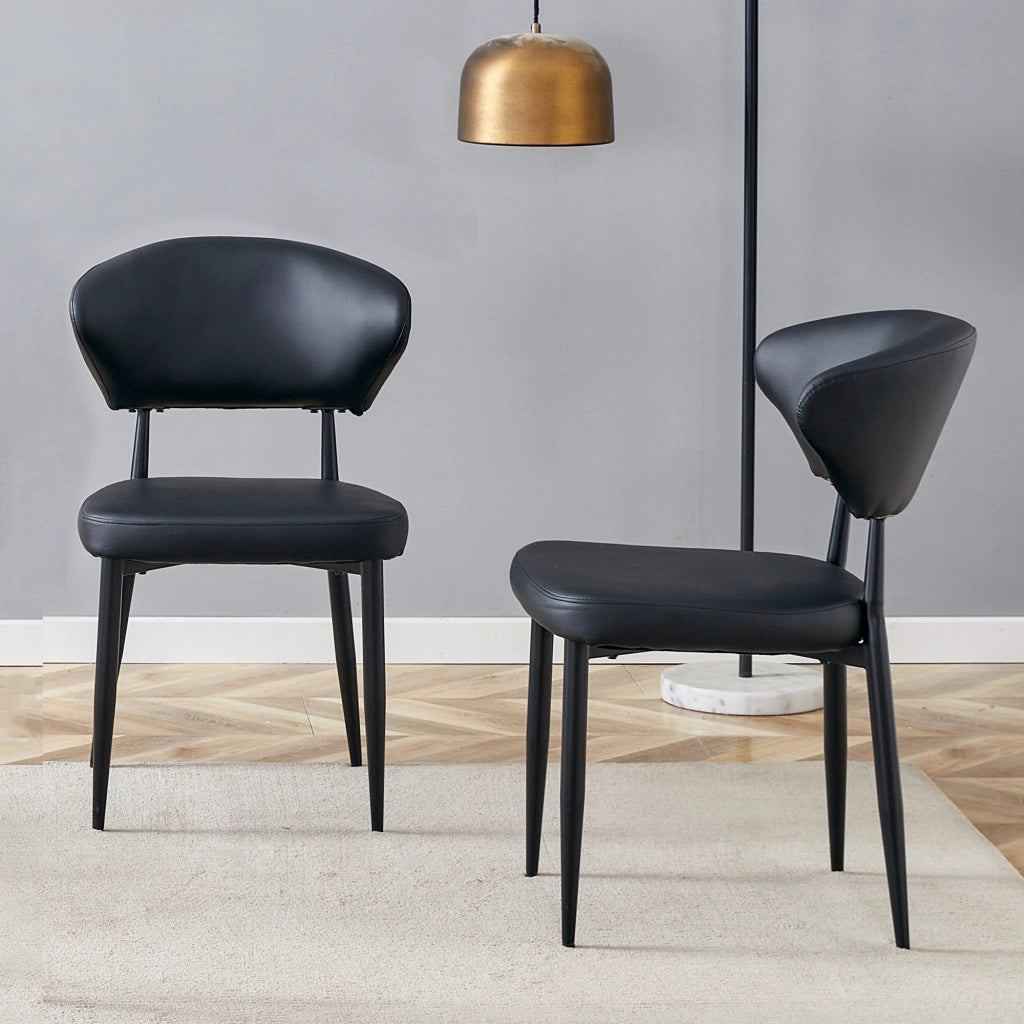 Set di 2 sedie da pranzo moderne nere in PU con gambe in metallo, schienale ergonomico