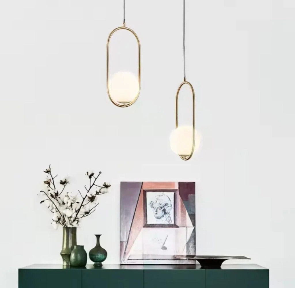 Lampadario a sospensione da soffitto in alluminio color oro bronzo con sfera e attacco per lampadine G9