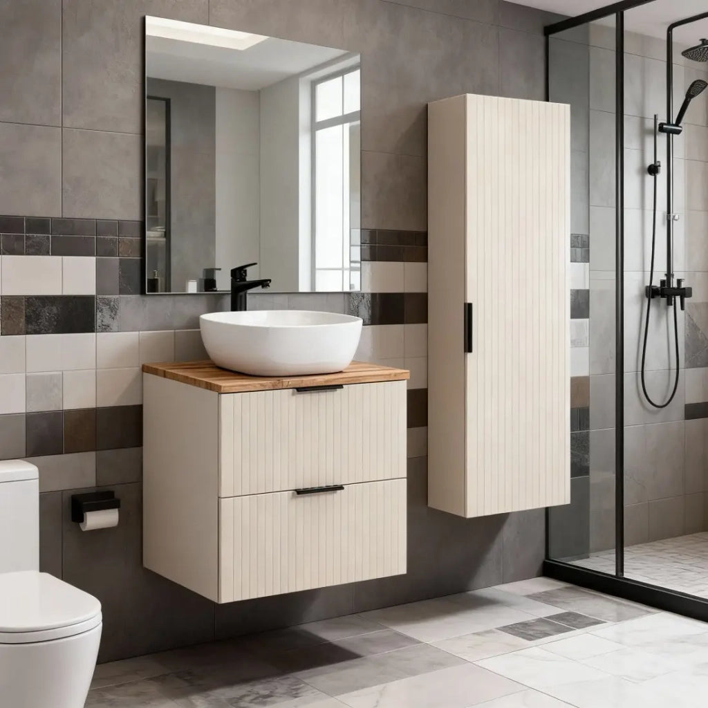 Set da bagno NOXERA 60 cm – Marrone Congo & Wotan – Lavabo in ceramica + colonna