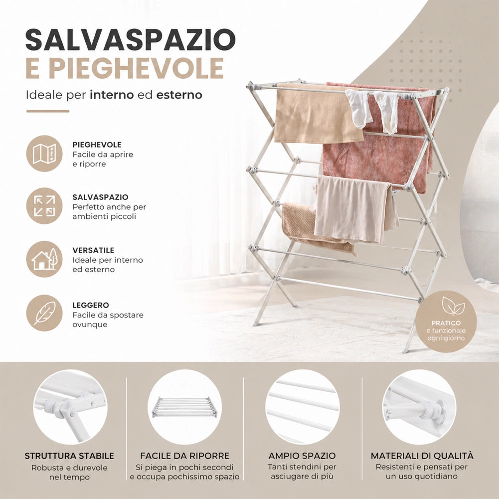 Stendibiancheria Pieghevole Salvaspazio Bianco da Esterno e Interno 72x38x104cm