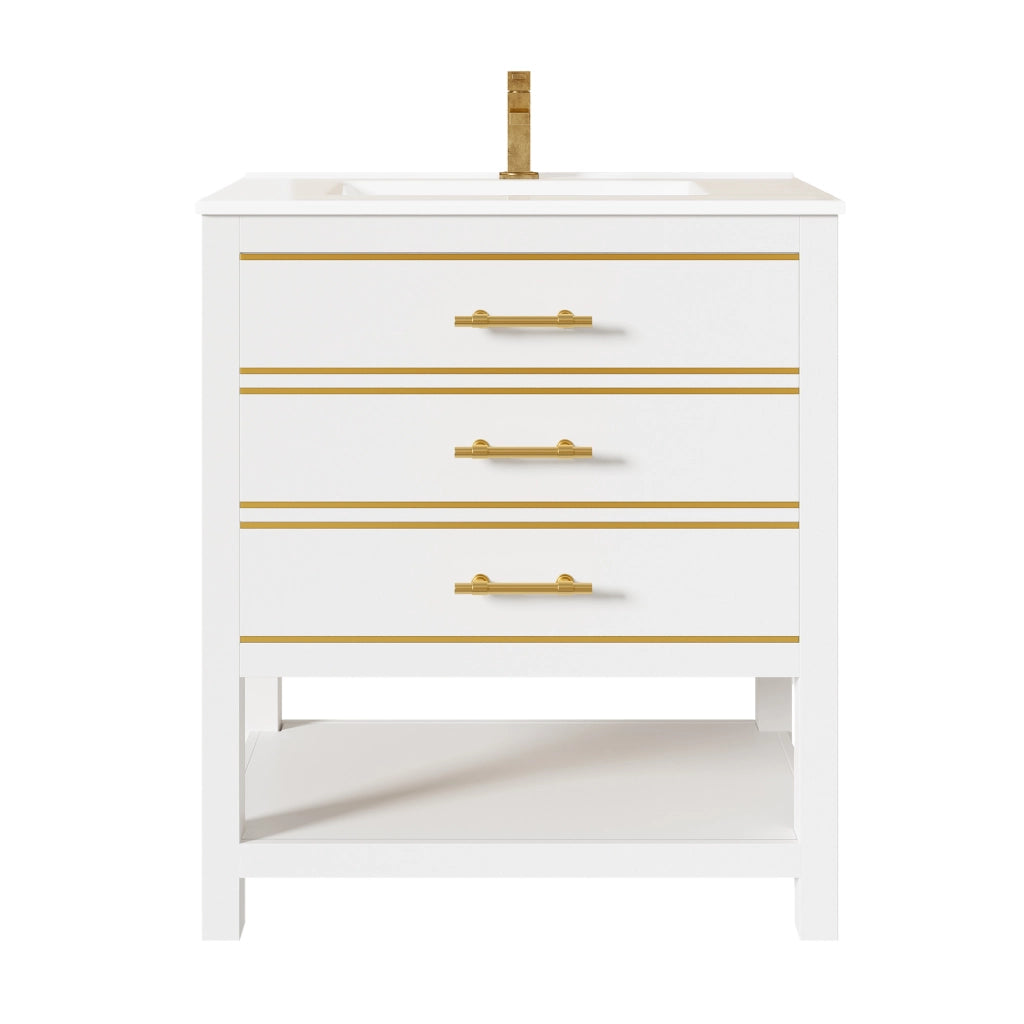 Mobile Sottolavabo da Bagno con Lavabo in Ceramica ¨C MINIMAL ¨C Bianco, 2 Cassetti, MDF Laccato, Manici Dorati