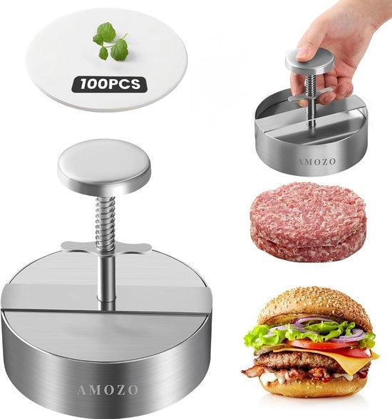 Forma Pattatrici con 100 fogli di carta da forno, acciaio inossidabile, griglia, formatrice di hamburger, formatrice di patty, formatrice di patty, antiaderente, patty forma per appassionati di hamburger, feste, cene di sera, BBQ