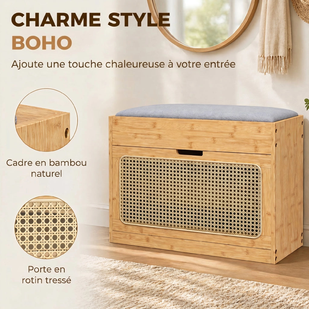 Banc chaussures entr¨¦e ¨C zephmum ¨C panca in bamb¨´ con seduta imbottita, porta in rotin e ripiano regolabile