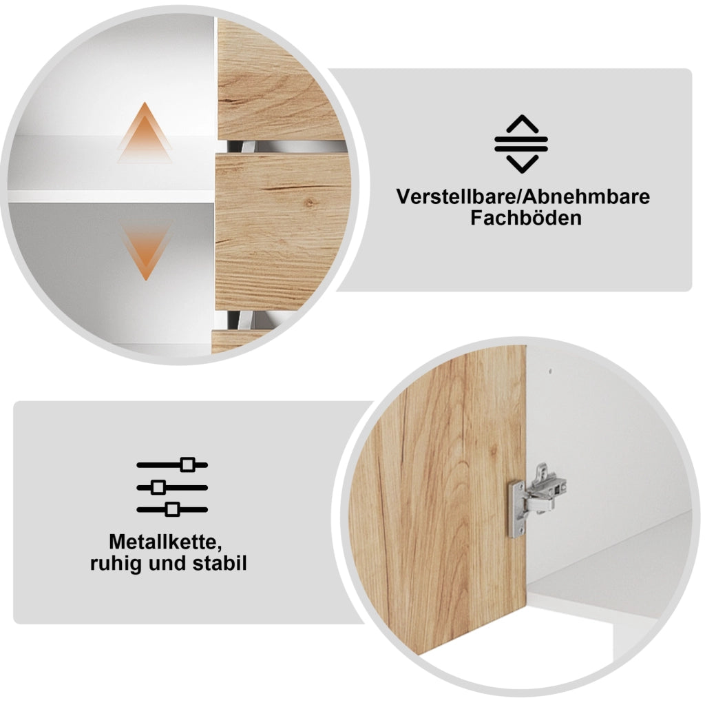 Credenza 140x40x85 cm con 3 cassetti; 2 ante e 3 vani aperti; bianco e naturale