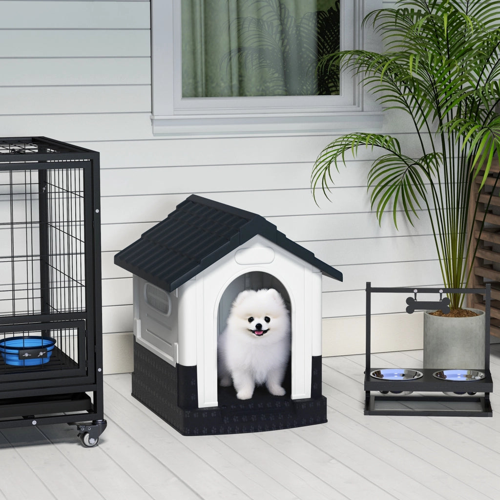 Casetta per Cani Mini Esterna Plastica Base Elevata Tetto Inclinato 3 Finestre ¨C zephmum ¨C 64.5x57x66 cm Grigio Scuro