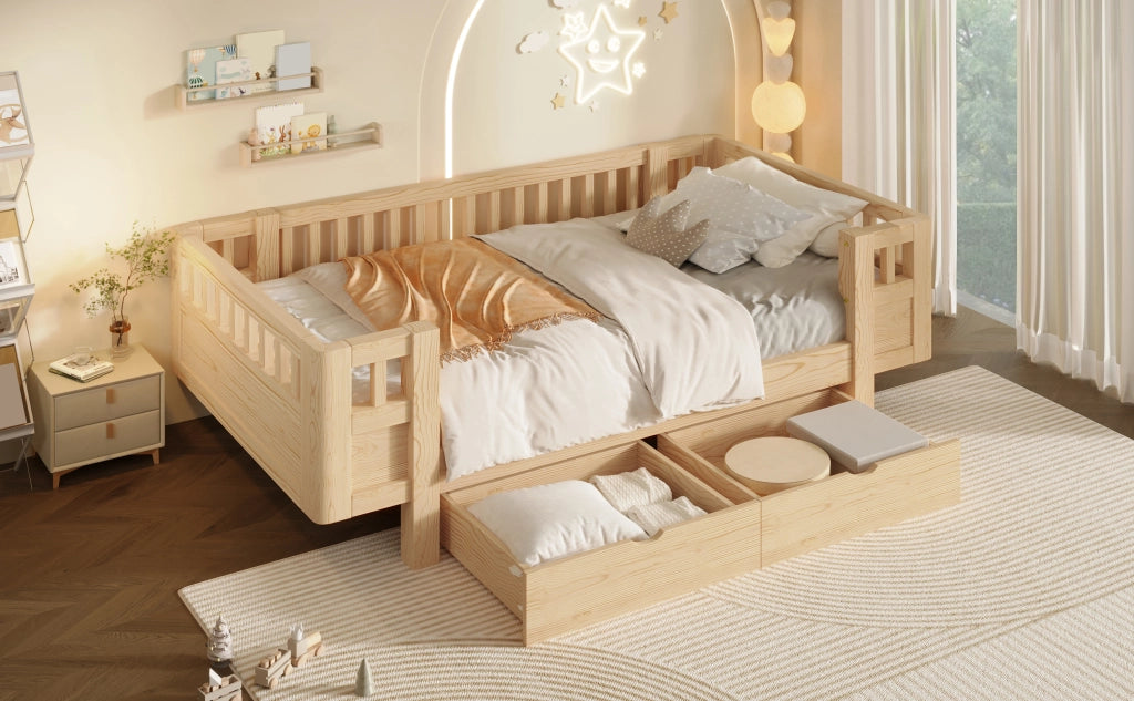 DESMIU Letto bambino 90 × 200 cm con 2 cassetti e sponda di sicurezza, senza materasso, in legno, colore legno