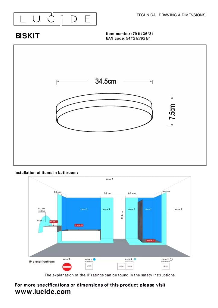 Plafoniera bagno tonda 34,5cm LED 24W bianca Lucide