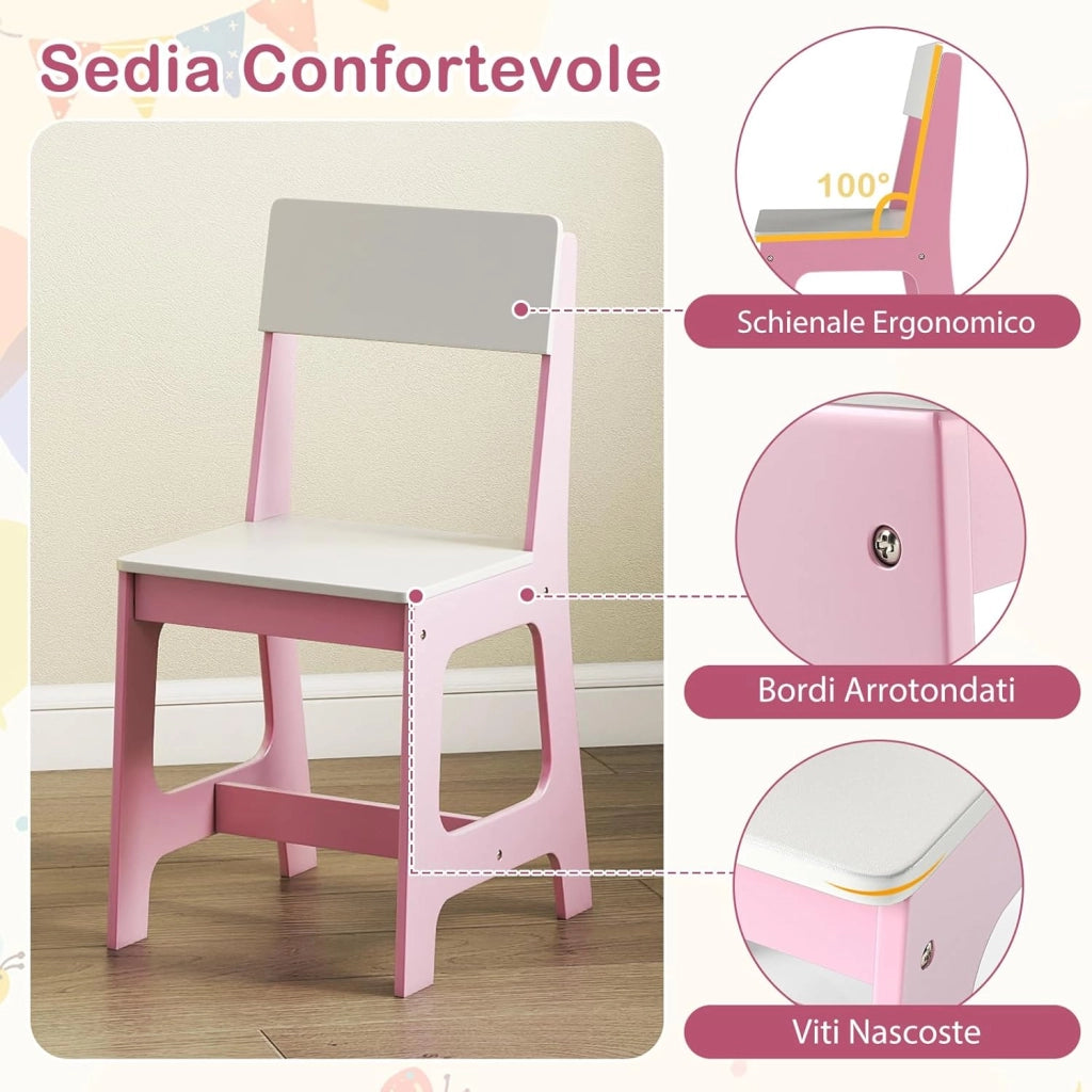 Set Scrivania e Sedia per Bambini 3+ Anni, Tavolo da Scrittura in Legno con Mensole, Cassetto e Bacheca in Sughero, Tavolo e Sedia per Disegno e Studio (Rosa)