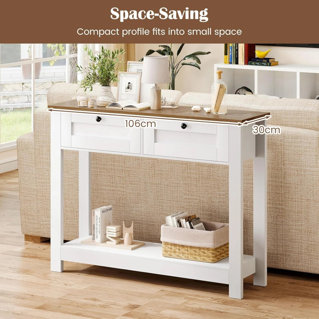 Tavolo consolle in legno a 2 livelli, mobile d'ingresso con 2 cassetti e ripiano inferiore, 106 x 30 x 81,5 cm, stile rustico, tavolino ausiliario stretto per soggiorno, corridoio
