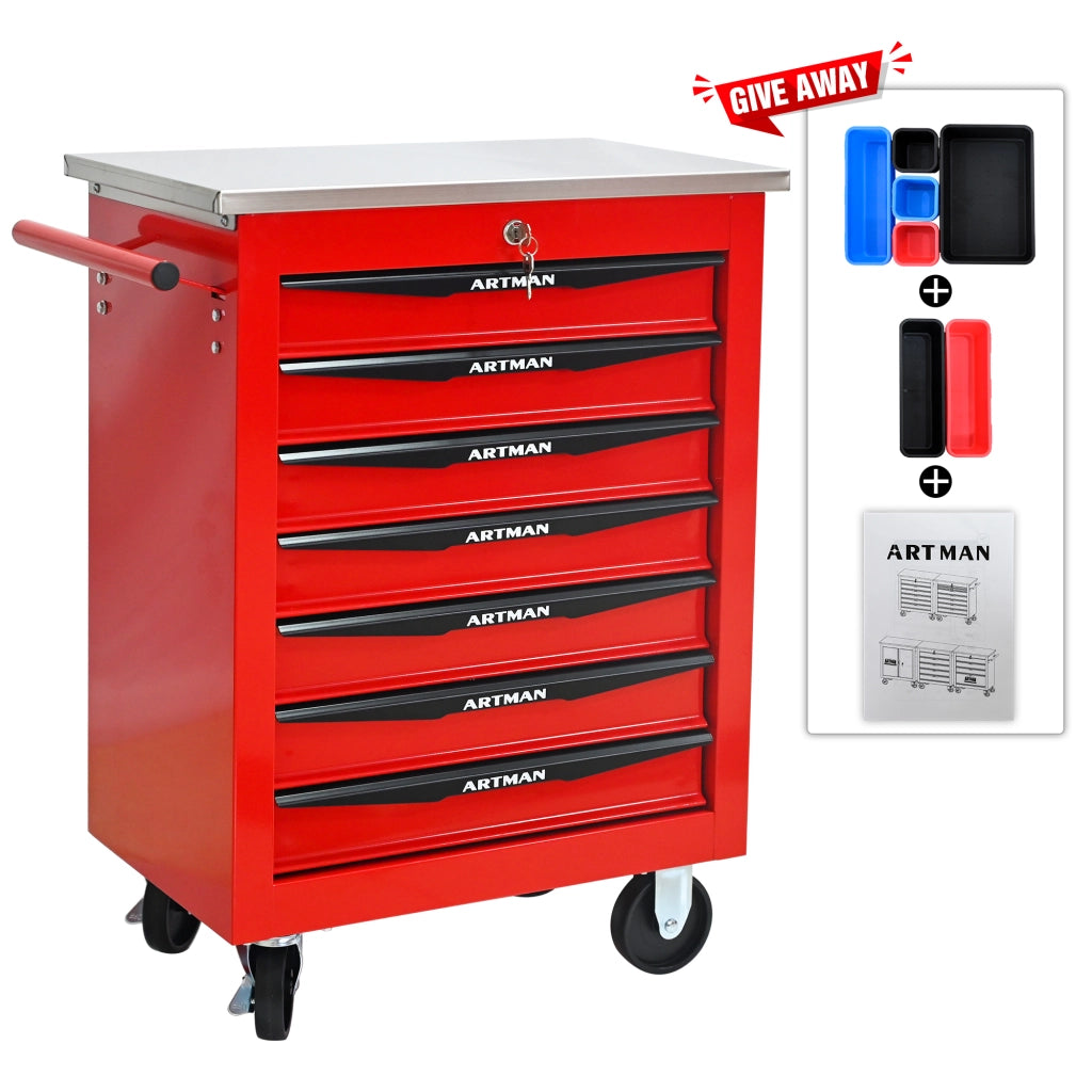 Mobile contenitore portautensili con 7 cassetti e ruote, chiusura a chiave, in acciaio, rosso nero, 62,5 × 34,5 × 78 cm