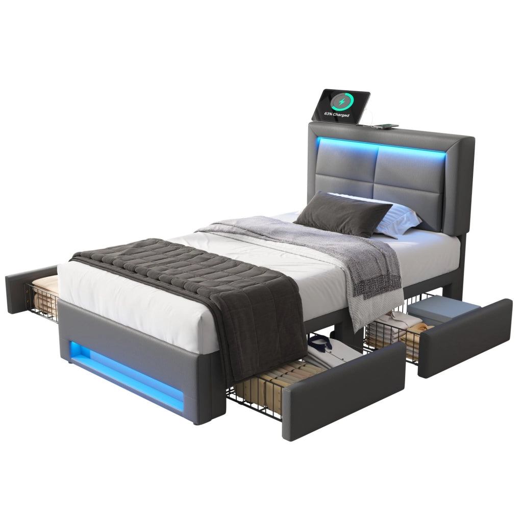 Letto imbottito 90x190 cm in PU grigio con USB; LED e quattro cassetti