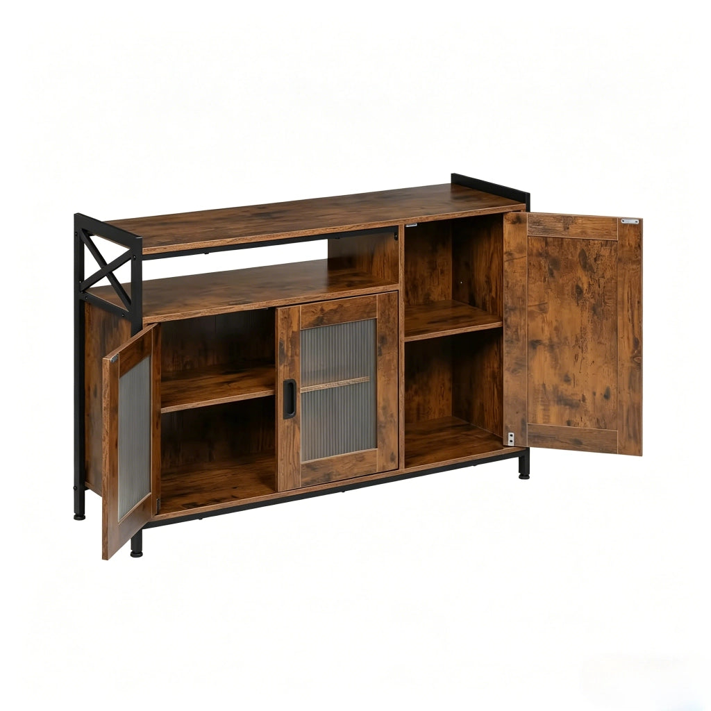 Credenza industriale con vano aperto e 2 ante, mobile cucina in legno e metallo, colore rustico marrone
