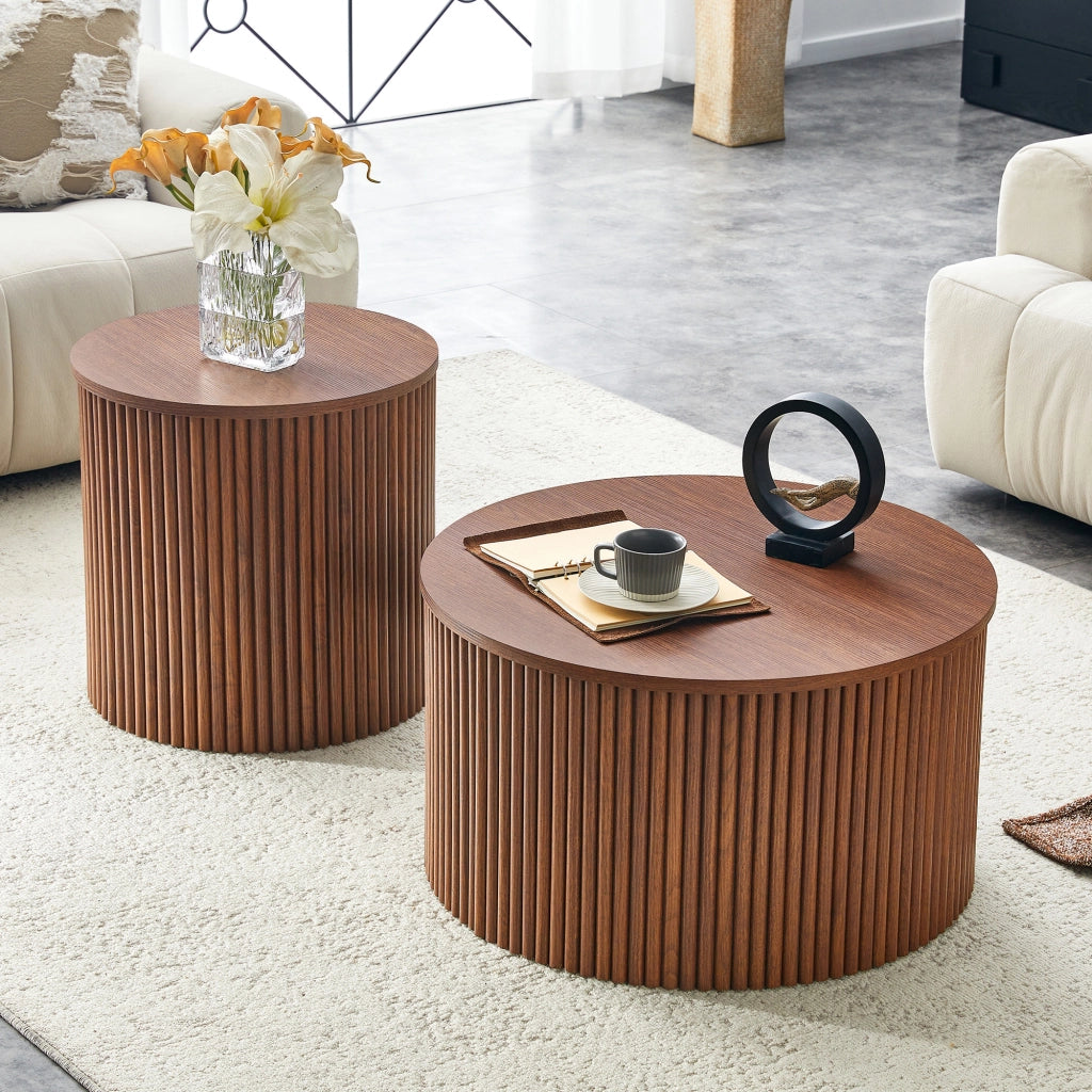 Set 2 Tavolini da Caff¨¨ Rotondi ¨C Xylo ¨C MDF Effetto Noce, Design Moderno con Ripiano