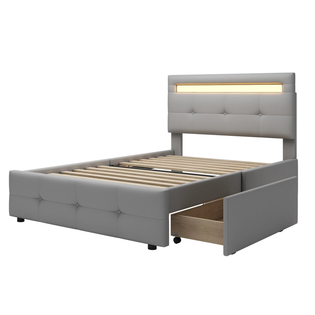 Letto imbottito con LED, 2 cassetti e testiera regolabile, 90x200 cm, grigio