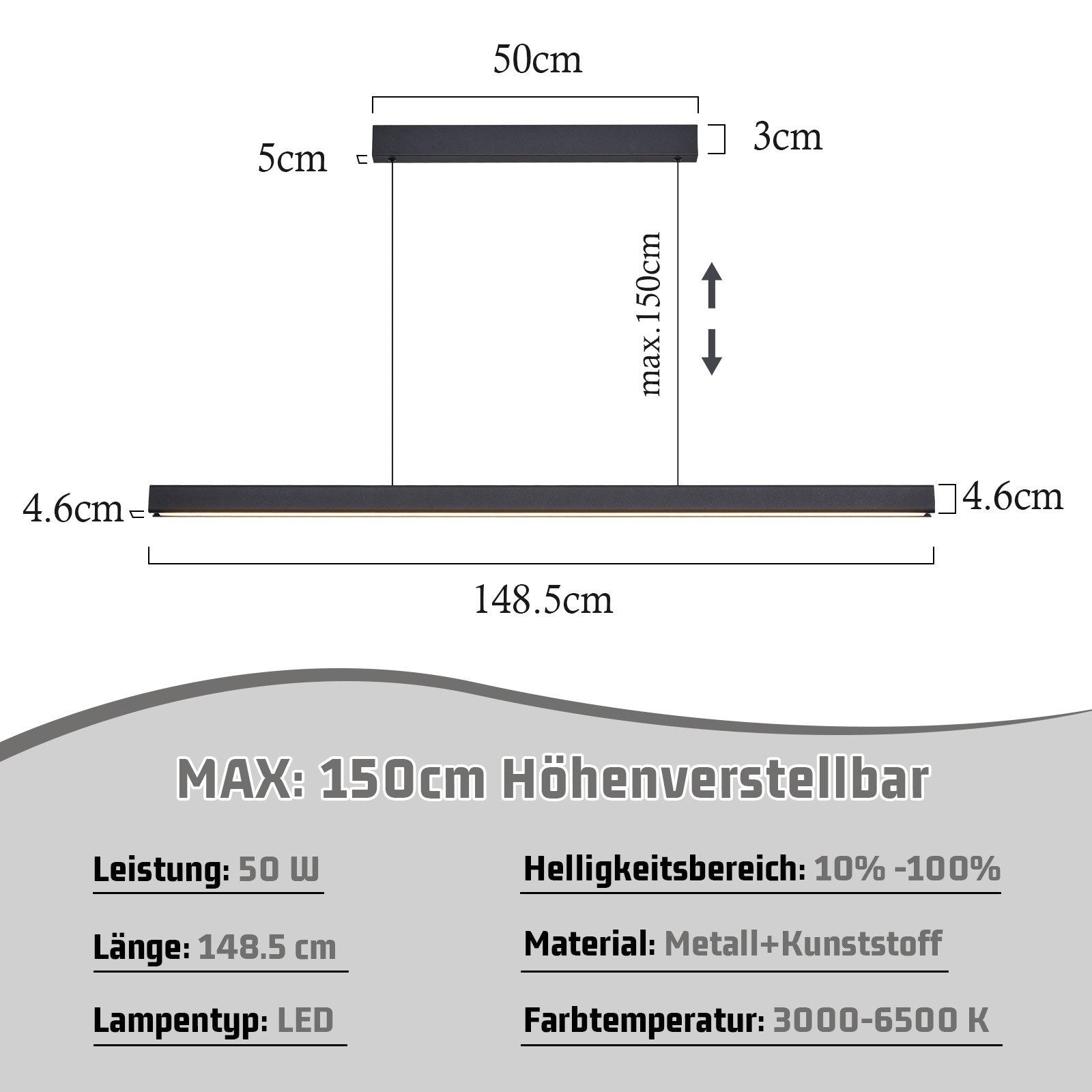 Lampada a sospensione ZMH sala da pranzo 148 CM lampada a sospensione lineare nera 37W dimmerabile cucina