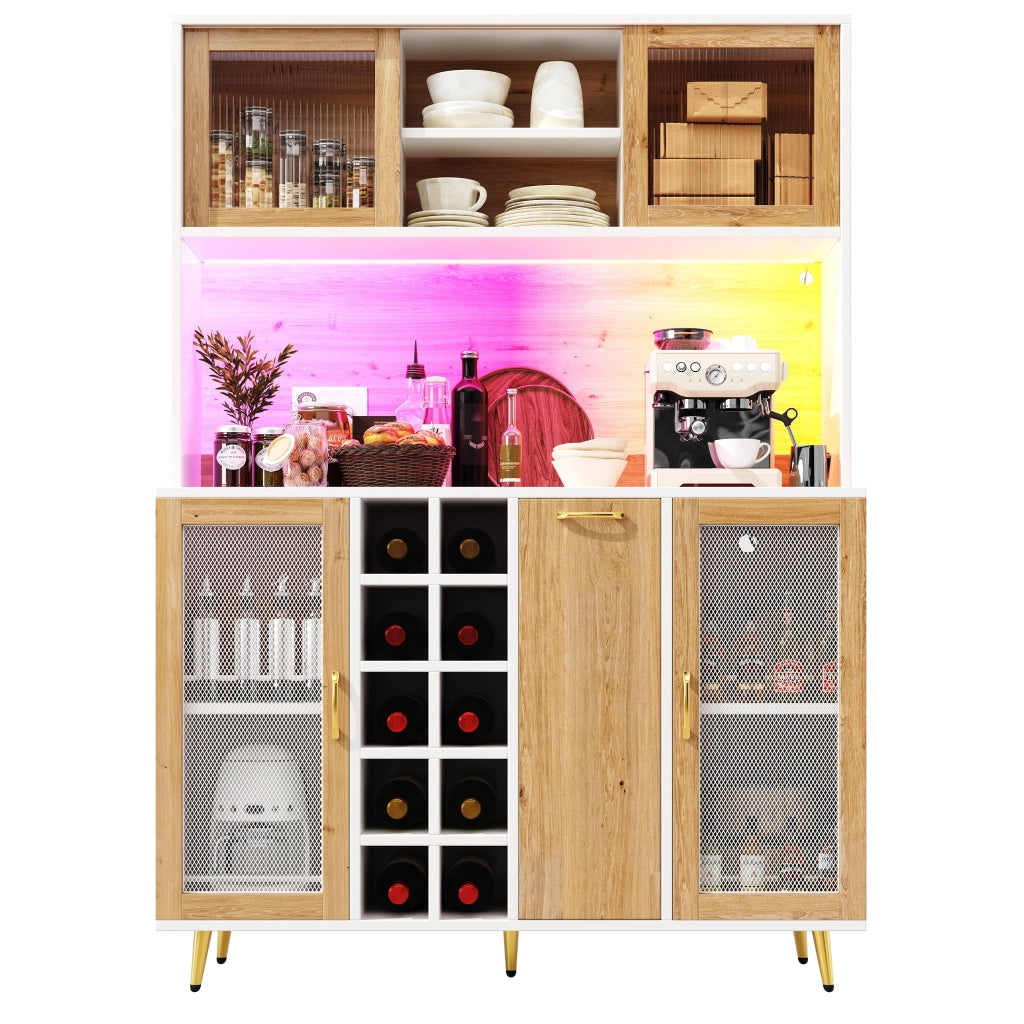 Credenza Multifunzione con LED ¨C MINIMAL ¨C Bianco con Legno, 5 Ante, 120x40x170cm