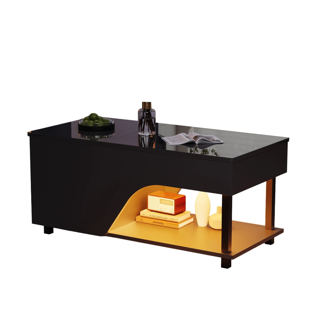 Tavolino da soggiorno regolabile in altezza 50 x 100 x 46 cm; con LED; vano contenitore; nero