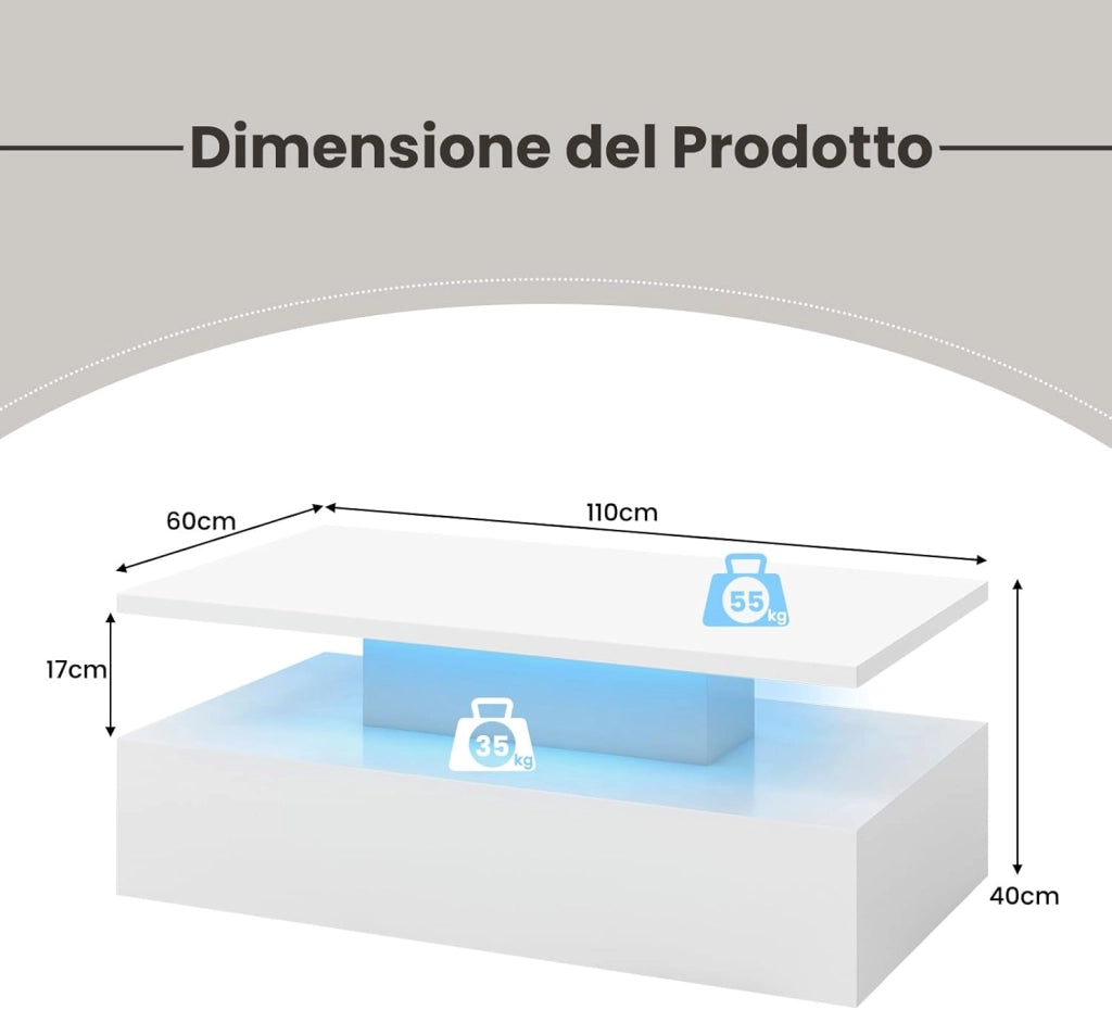 Tavolino da Caffè a LED a 2 Livelli con Colori della Luce Regolabili Velocità e Luminosità e Telecomando, Tavolo da Salotto Rettangolare e Moderno per Soggiorno e Ufficio (Bianco)