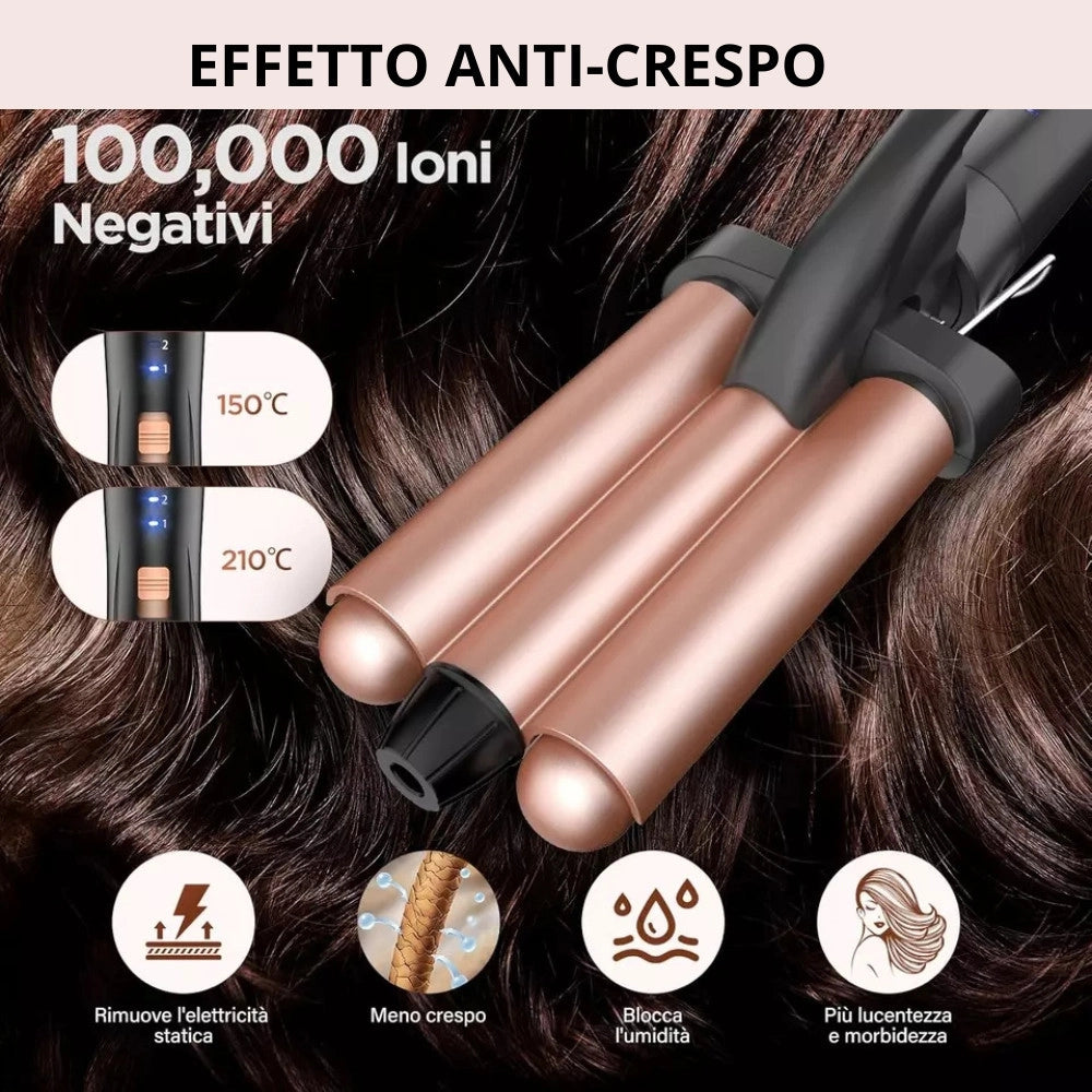 Trade Shop - Set 5in1 Piastra Capelli 3 Coni Arricciacapelli Lisci Onde Ceramica Riscaldamento Rapido -