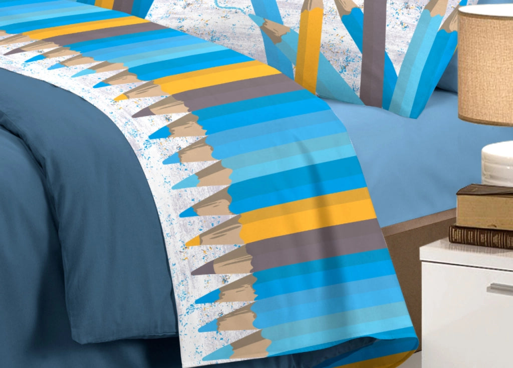 Completo Lenzuola Linea Pensieri Delicati 100% Cotone Disegno Matitoni - Singolo - Blu