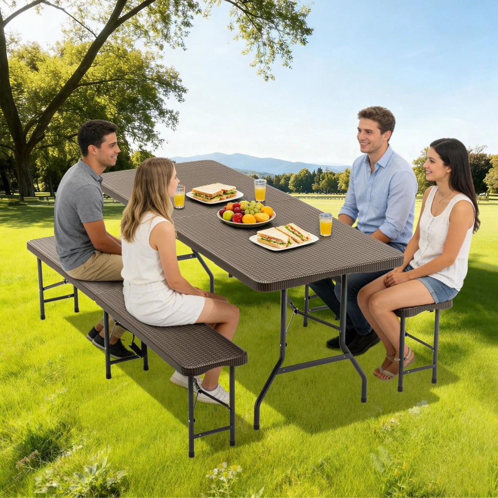 Set tavolo pieghevole da picnic 6 posti con 2 panche, piano in HDPE marrone effetto legno, per esterni