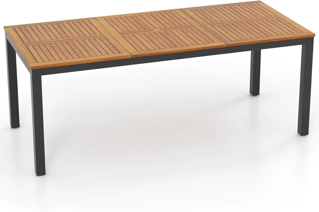 Tavolo da giardino in legno di acacia per 8 persone, 200 x 90 x 75 cm, con foro per ombrellone, struttura in metallo, colore Naturale E Nero
