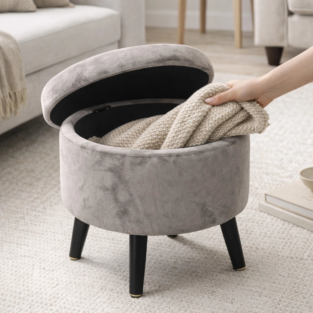 Pouf Contenitore Sgabello Cassapanca Poggiapiedi Tessuto Velluto Tortora 37x40cm
