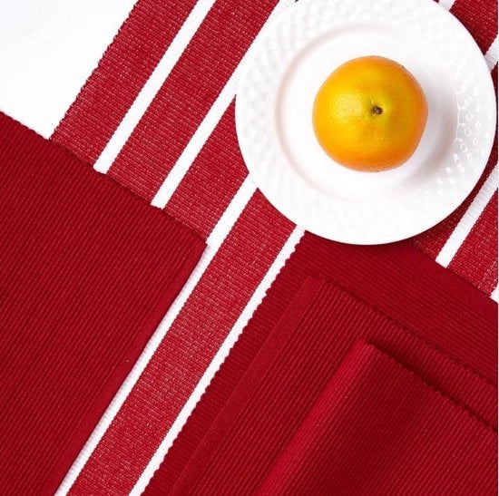 6 piatti di tovaglia + 1 tovaglia da tavola | rosso Roma | cotone a righelli | più di 20 colori moderni & disegno tessuto