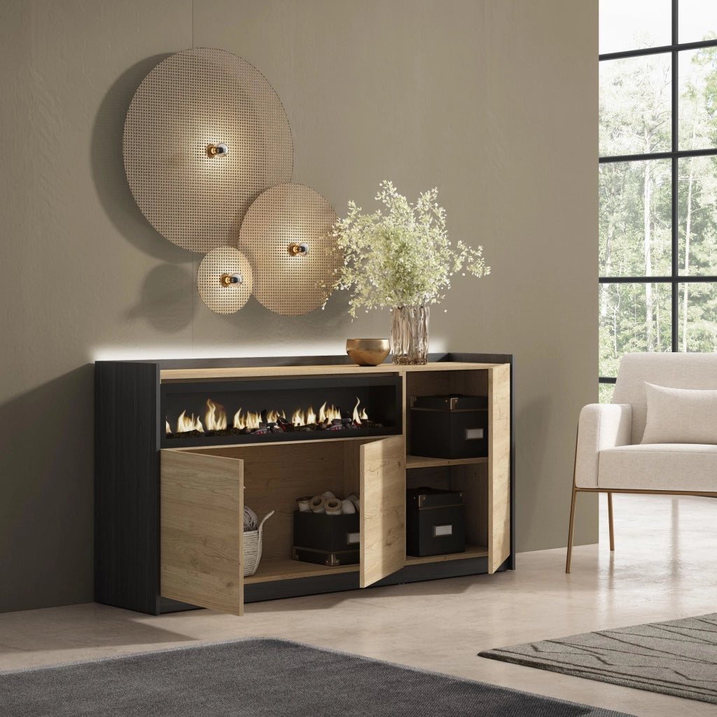 Credenza, Mobile, Cucina, 156x80x37 cm, 3 Porte, Camino elettrico, LED, Rovere e nero