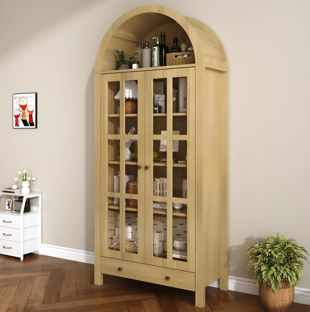 Vetrina ad arco da terra 75x35x170;5 cm in MDF naturale con ante in acrilico e cassetto
