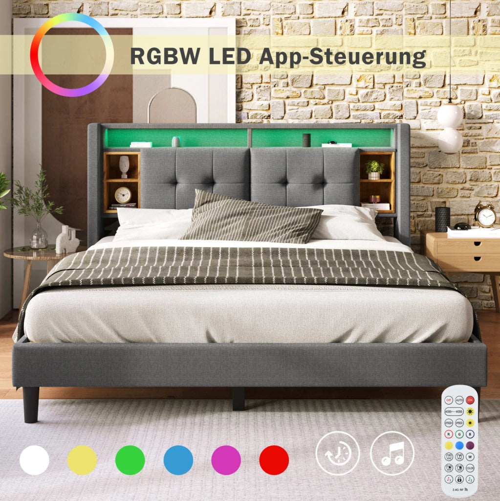 Letto matrimoniale imbottito 140x200 cm con LED, USB e vano