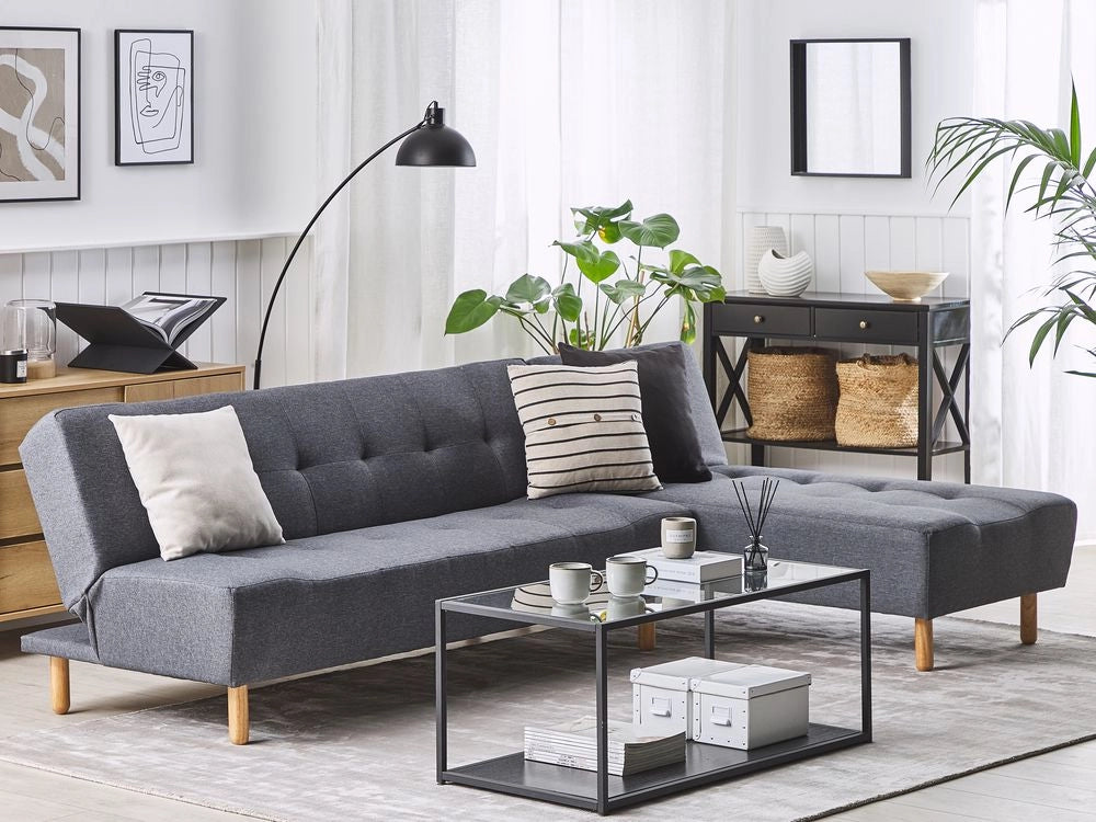 Divano Angolare Rivestimento In Tessuto Grigio Scuro Gambe In Legno Chiaro Chaise Longue versione sinistra 4 Posti