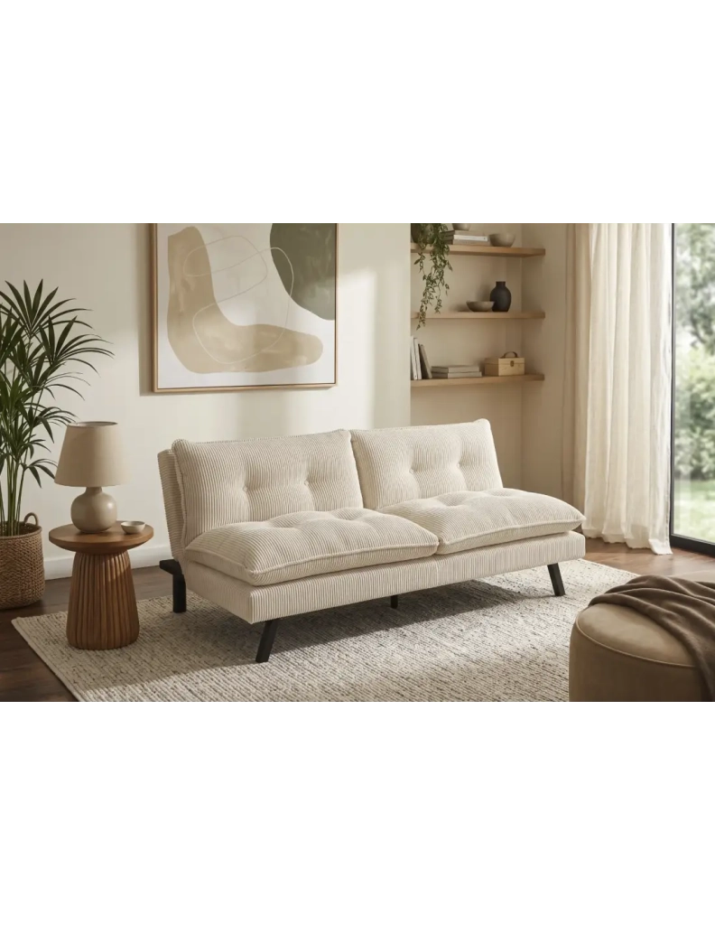 Divano letto AZENA 3 posti in tessuto a coste – Beige chiaro e nero – 190 x 80 x 90 cm