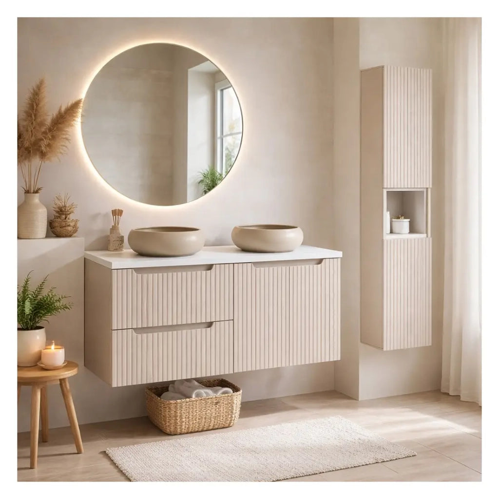 Insieme VANO cashmere e bianco 150cm: mobile sottolavabo con cassetti e armadietti + lavabi da appoggio marrone cappuccino + colonna