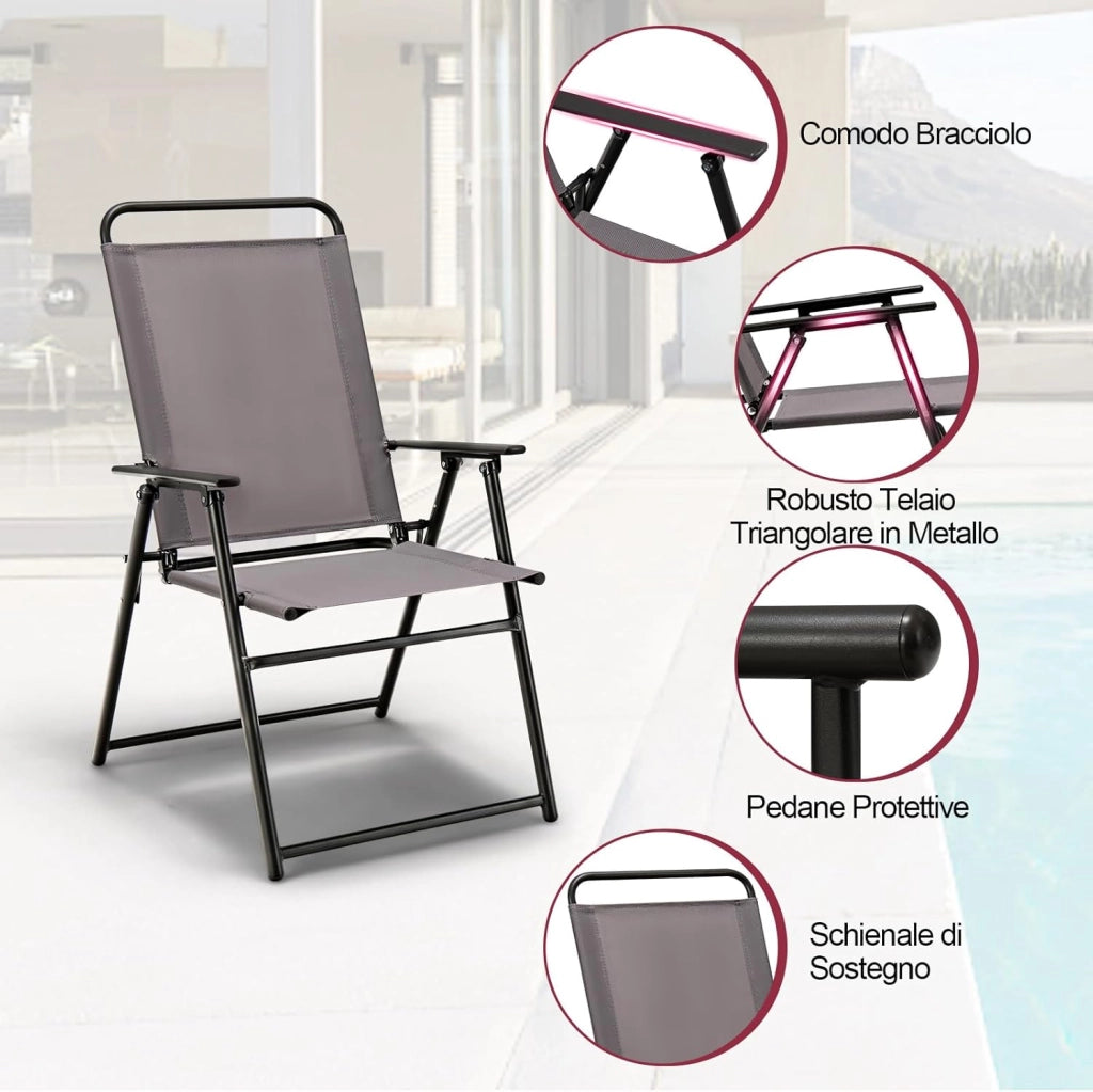 Set di 2 Sedie Pieghevoli da Esterno, Sedie da Pranzo Salvaspazio per Patio con Braccioli e Schienale, Telaio Triangolare, Piedini di Supporto, Sedie da Giardino Portata 150 kg