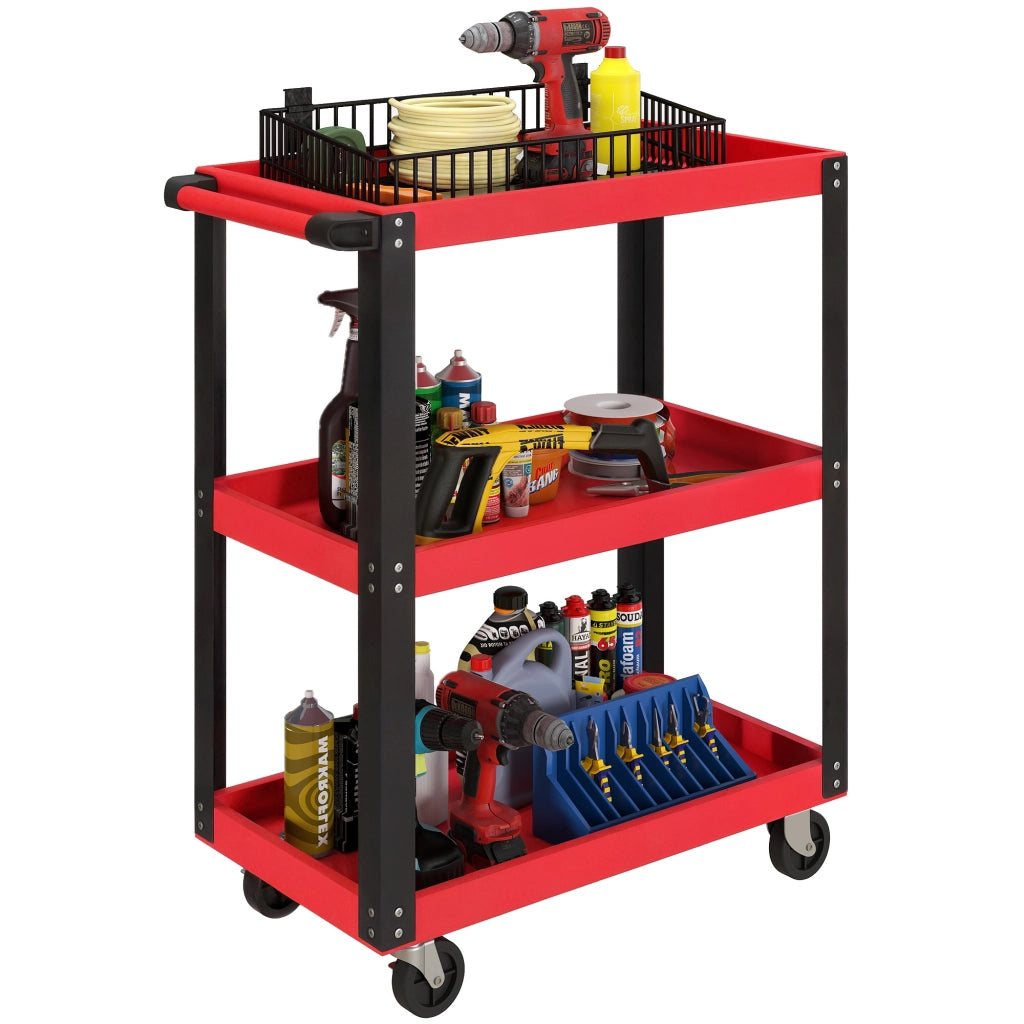 Carrello da lavoro a 3 livelli con rotelle bloccabili ¨C zephmum ¨C rosso 70.5x35x82.5 cm