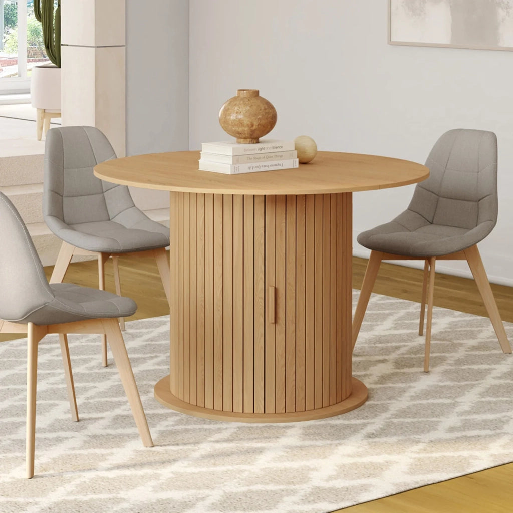 IDMarket - JULIETTE Tavolo da pranzo rotondo allungabile per 4-8 persone con gambe a doghe e contenitore 110-150 cm