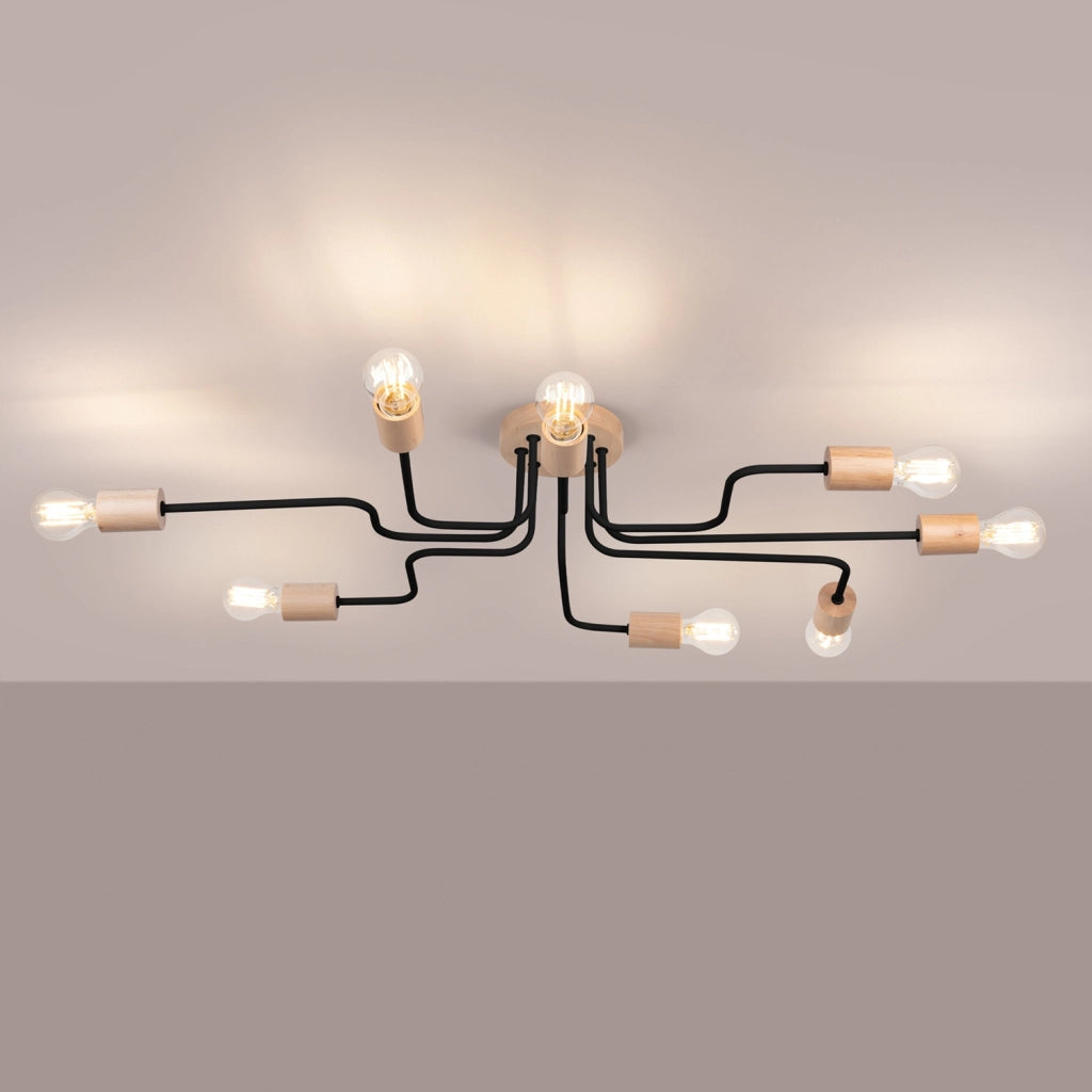 Lampadario soffitto industriale nero/legno 8xE27 PALMOS Pure Lume