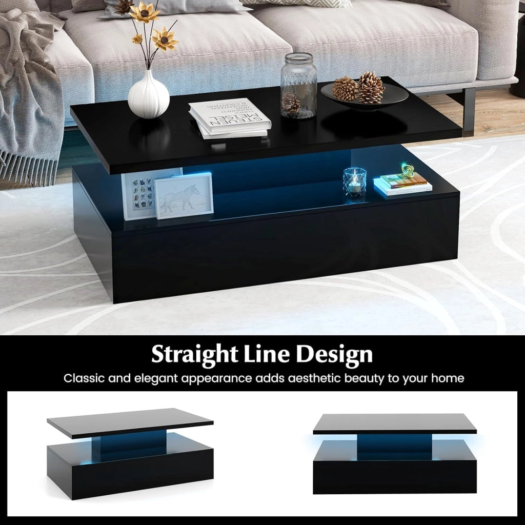 Tavolino da salotto con illuminazione dinamica a LED, tavolino da tè con colori di luce e luminosità regolabili, lucido, moderno tavolino a 2 livelli, 110 x 60 x 40 cm