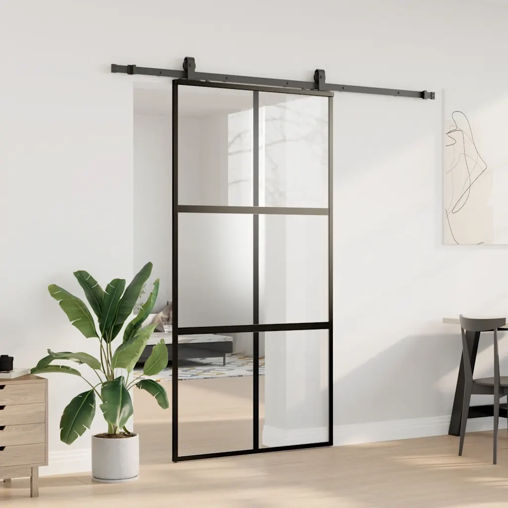Porta Scorrevole Ferramenta Nera 102,5x205 cm Vetro Temperato