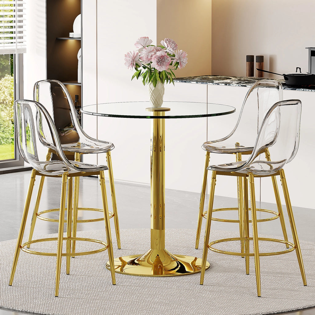 Set tavolo cucina e sedie con 1 tavolo alto e 4 sgabelli in vetro; metallo e plastica oro trasparente