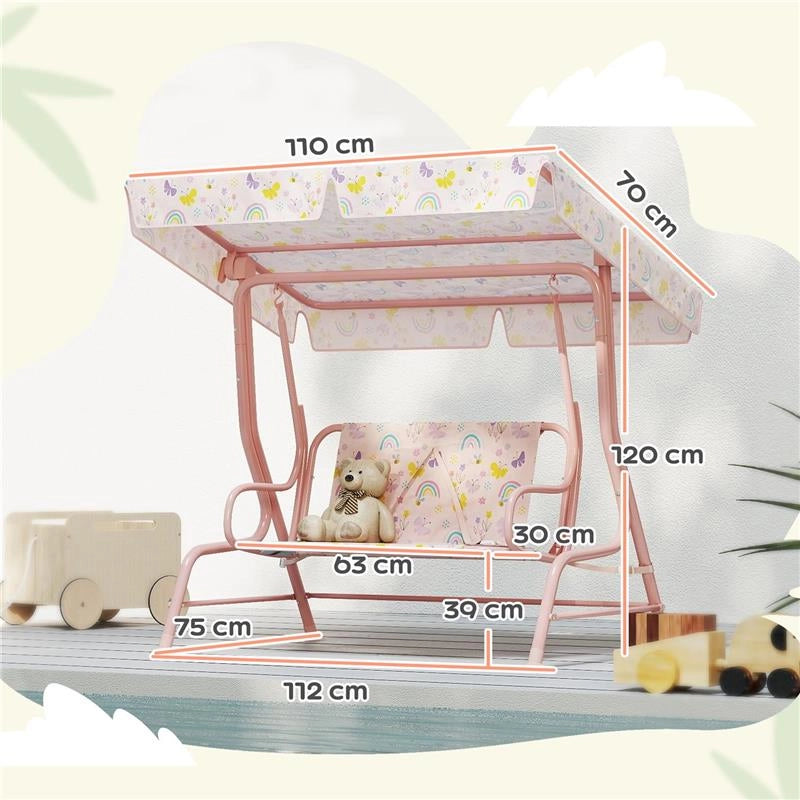 DONDOLO PER BAMBINI DA ESTERNO A 2 POSTI CON TETTUCCIO REGOLABILE E CINTURE DI SICUREZZA 112X75X120 CM ROSA