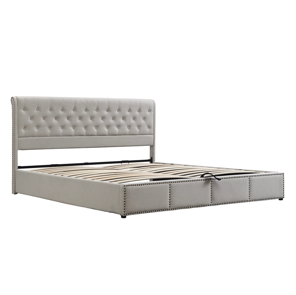 Letto matrimoniale imbottito 140x190 cm grigio in lino con contenitore e rete a doghe