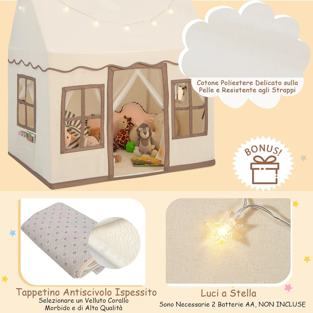 Tenda da Gioco per Bambini con Luci a Stella, Tappetino in Velluto Lavabile e Antiscivolo, Finestre e Tende a Rete, Ideale per Interni ed Esterni per Bambini 3 Anni + (Giallo)